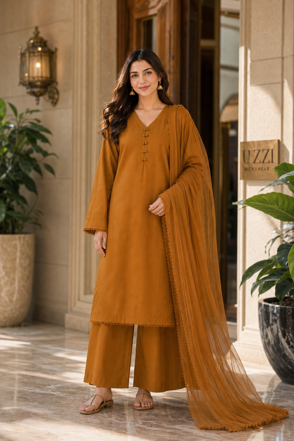 AZMIA by AS | Golden Aura – Minimal Button Detail Lawn 3 Piece Suit | Casual Wear