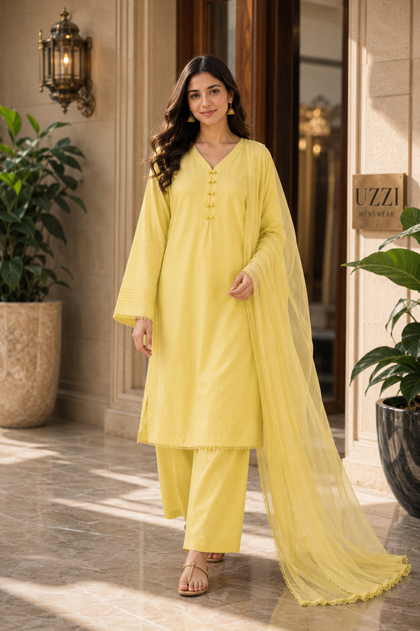 AZMIA by AS | Golden Aura – Minimal Button Detail Lawn 3 Piece Suit | Casual Wear