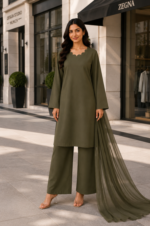 AZMIA by AS | Scallop Neck – Premium Lawn 3 Piece Suit with Chiffon Dupatta | Casual Wear
